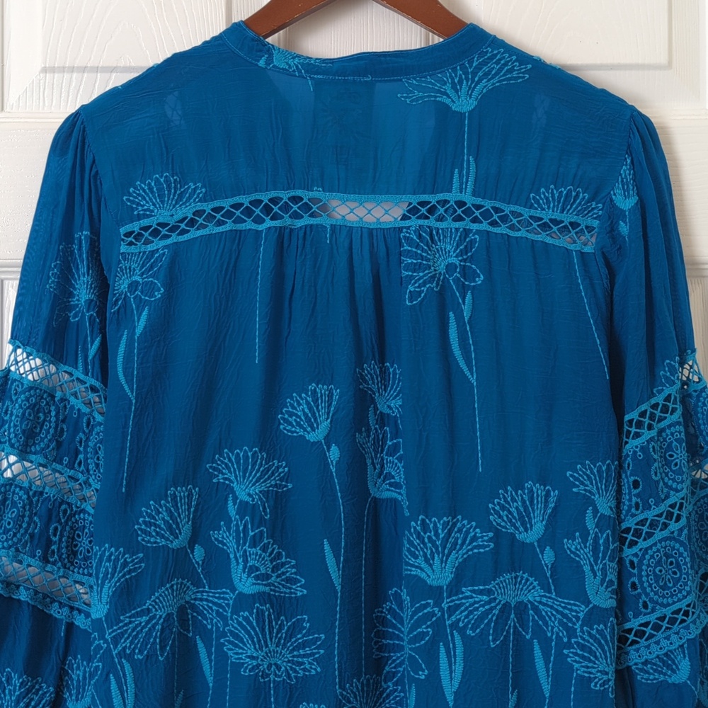 Johnny Was Daisy Peia Boho Floral Embroidered Cupra Rayon Tunic Blouse Blue S - Picture 11 of 12